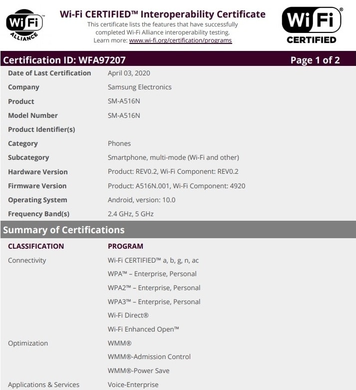 Certificación oficial de la Wi-Fi Alliance para el Samsung Galaxy A51 5G.