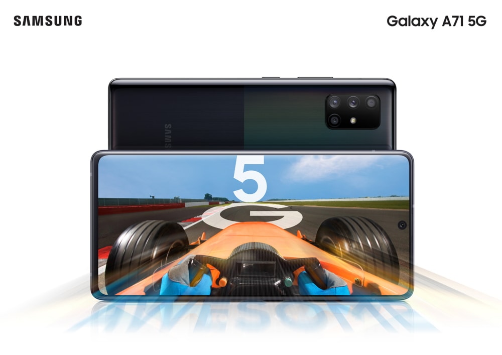 Render oficial del diseño frontal y dorsal del Samsung Galaxy A71 5G.