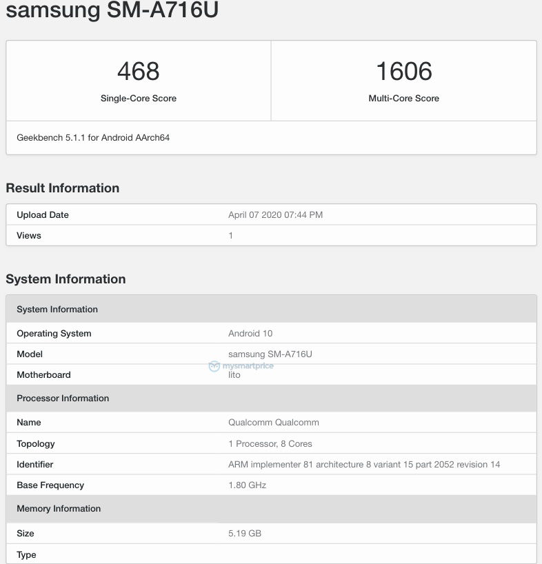 Captura de pantalla de un benchmark del Samsung Galaxy A71 5G.
