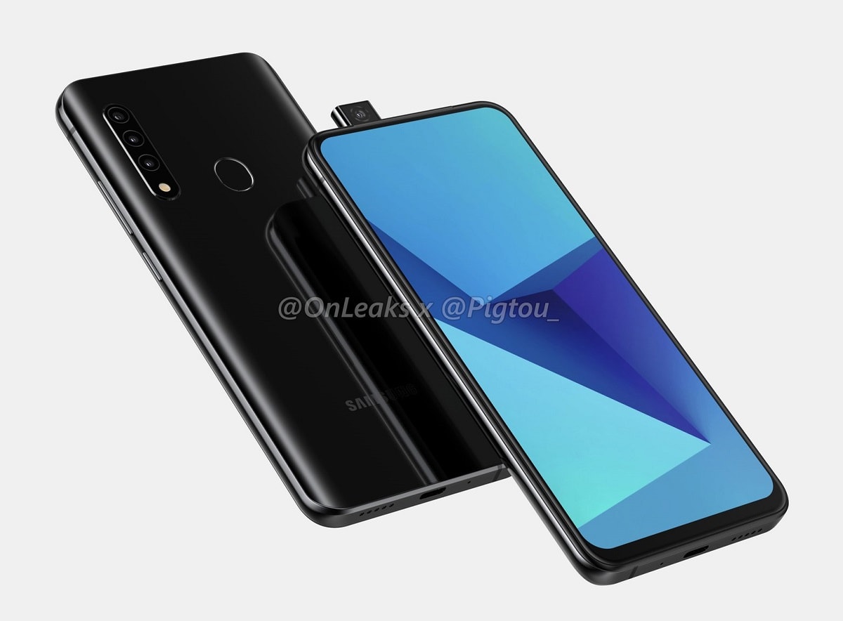 Render 3D ilustrando el diseño frontal y dorsal del Samsung con cámara periscópica.