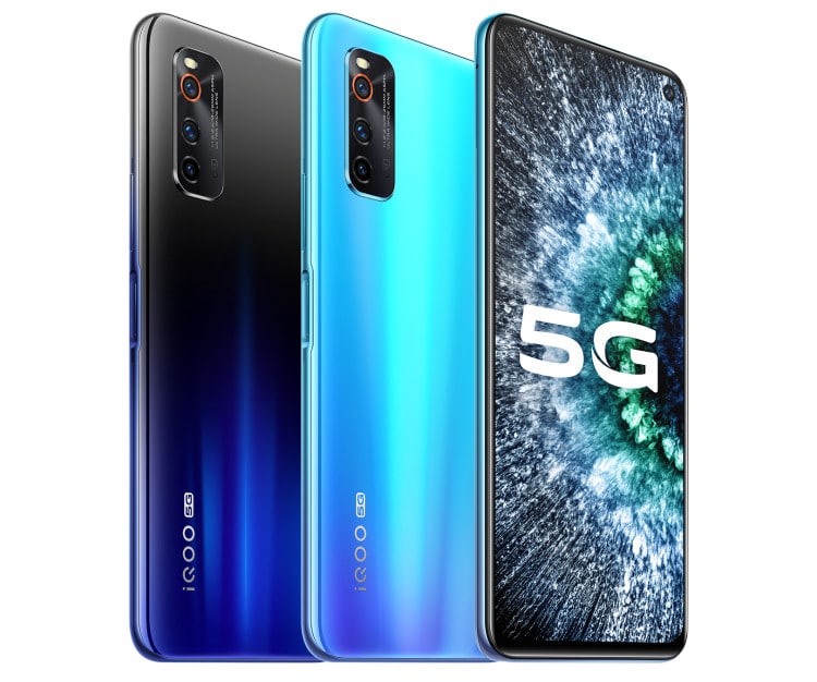 Render oficial del diseño frontal y dorsal del Vivo IQOO Neo 3 en dos colores.