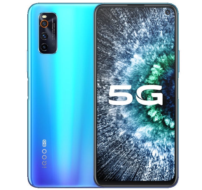 Render oficial del diseño frontal y dorsal del Vivo IQOO Neo 3 Sky Blue.