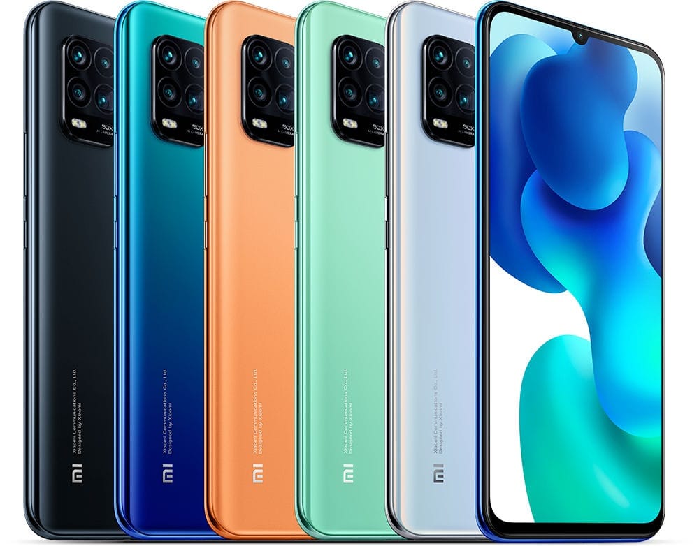 Render oficial del diseño frontal y dorsal del Xiaomi Mi 10 Youth 5G en cinco colores diferentes.