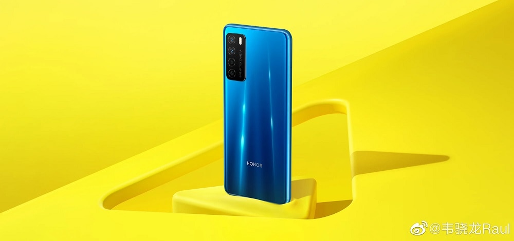 Render filtrado del diseño dorsal del Huawei Honor Play4 5G color azul.
