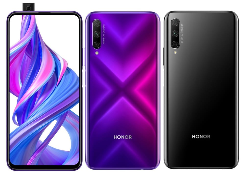 Render oficial del diseño frontal y dorsal del Honor 9X Pro en sus dos colores de partida.