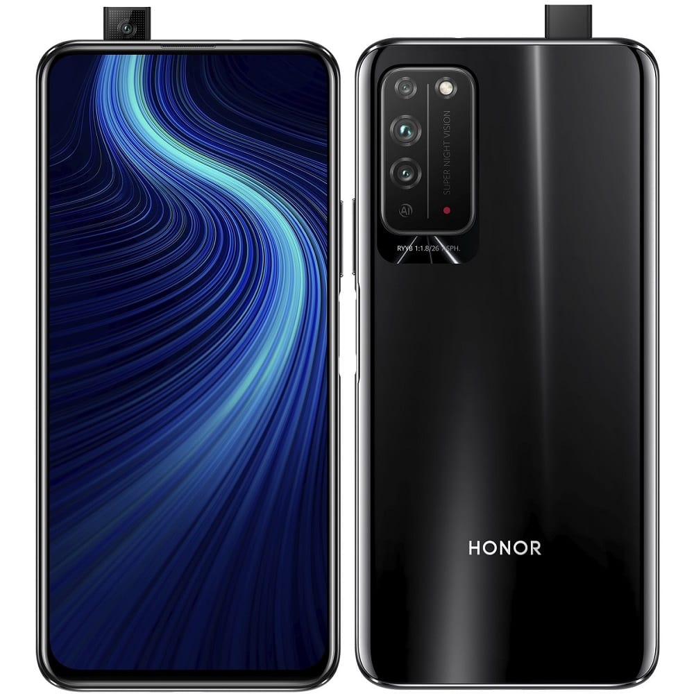 Render oficial del diseño frontal y dorsal del Huawei Honor X10 color negro.