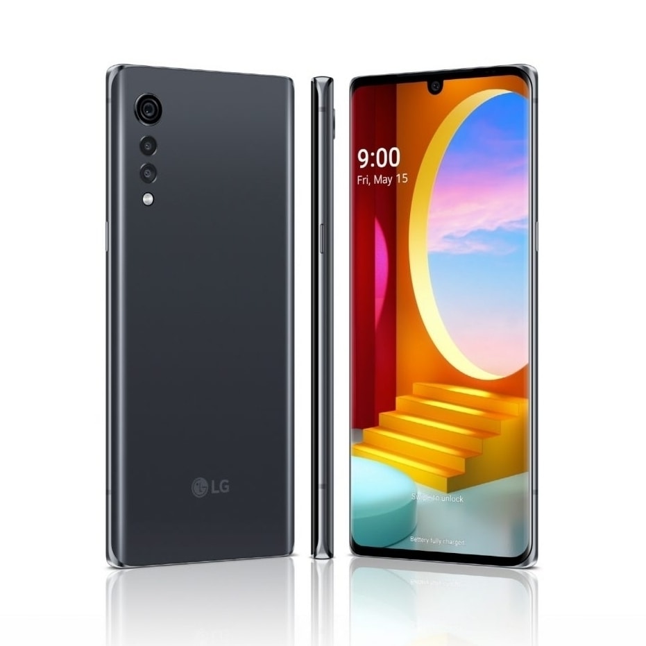 Render oficial del diseño frontal y dorsal del LG Velvet color Aurora Gray.