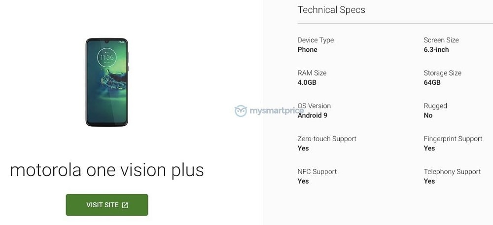 Captura de pantalla del Motorola One Vision Plus en la base de datos de Google Play Console.