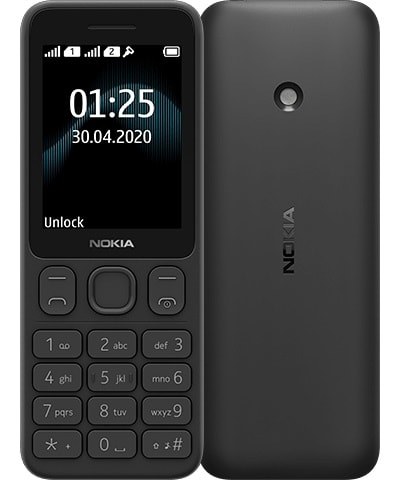 Render oficial del diseño frontal y dorsal del Nokia 125 negro.
