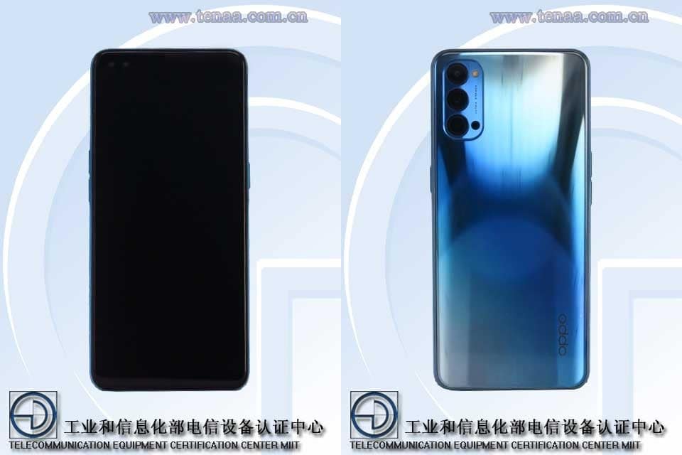 Renders oficiales de TENAA del diseño frontal y dorsal del OPPO Reno4 Pro.