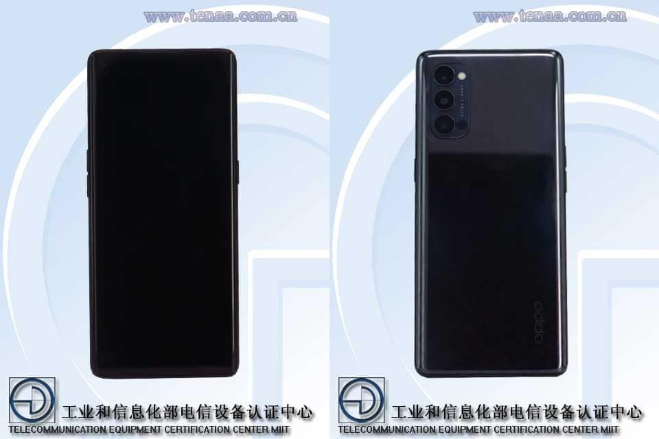 Renders oficiales de TENAA del diseño frontal y dorsal del OPPO Reno4.