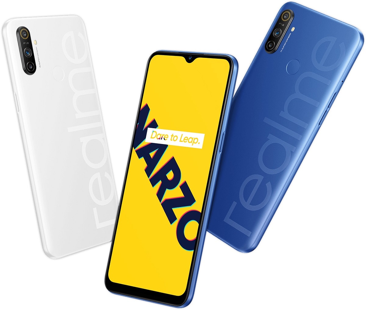 Render oficial del diseño frontal y dorsal del Realme Narzo 10A.