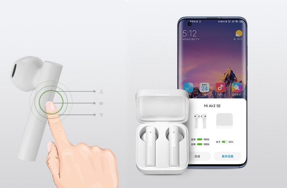 Render publicitario de los Xiaomi Mi AirDots 2 SE ilustrando sus comandos táctiles.