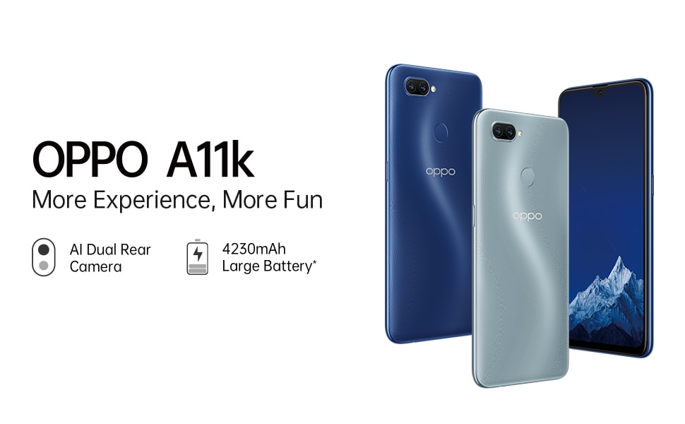 Render publicitario del diseño frontal y dorsal del OPPO A11k.