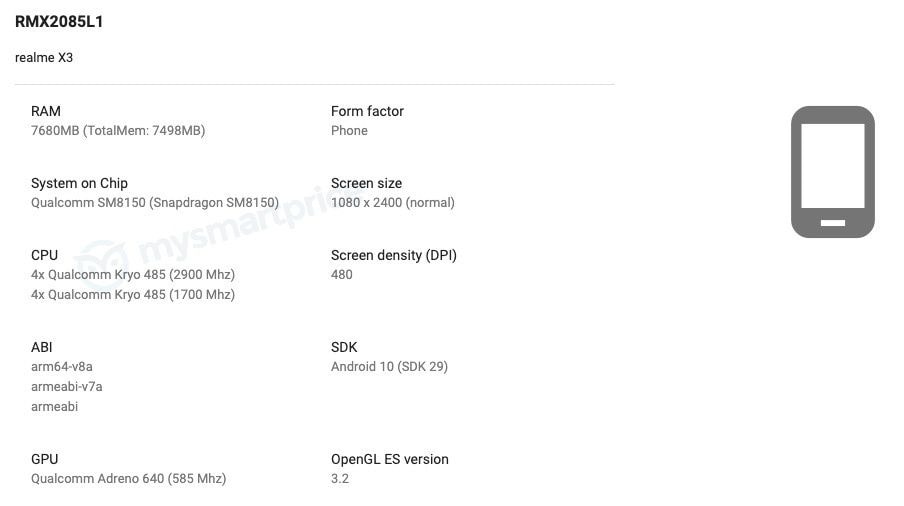 Especificaciones técnicas del OPPO Realme X3 publicadas en Google Play Console.