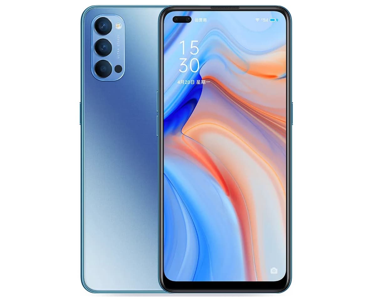 Render oficial del diseño frontal y dorsal del OPPO Reno4.
