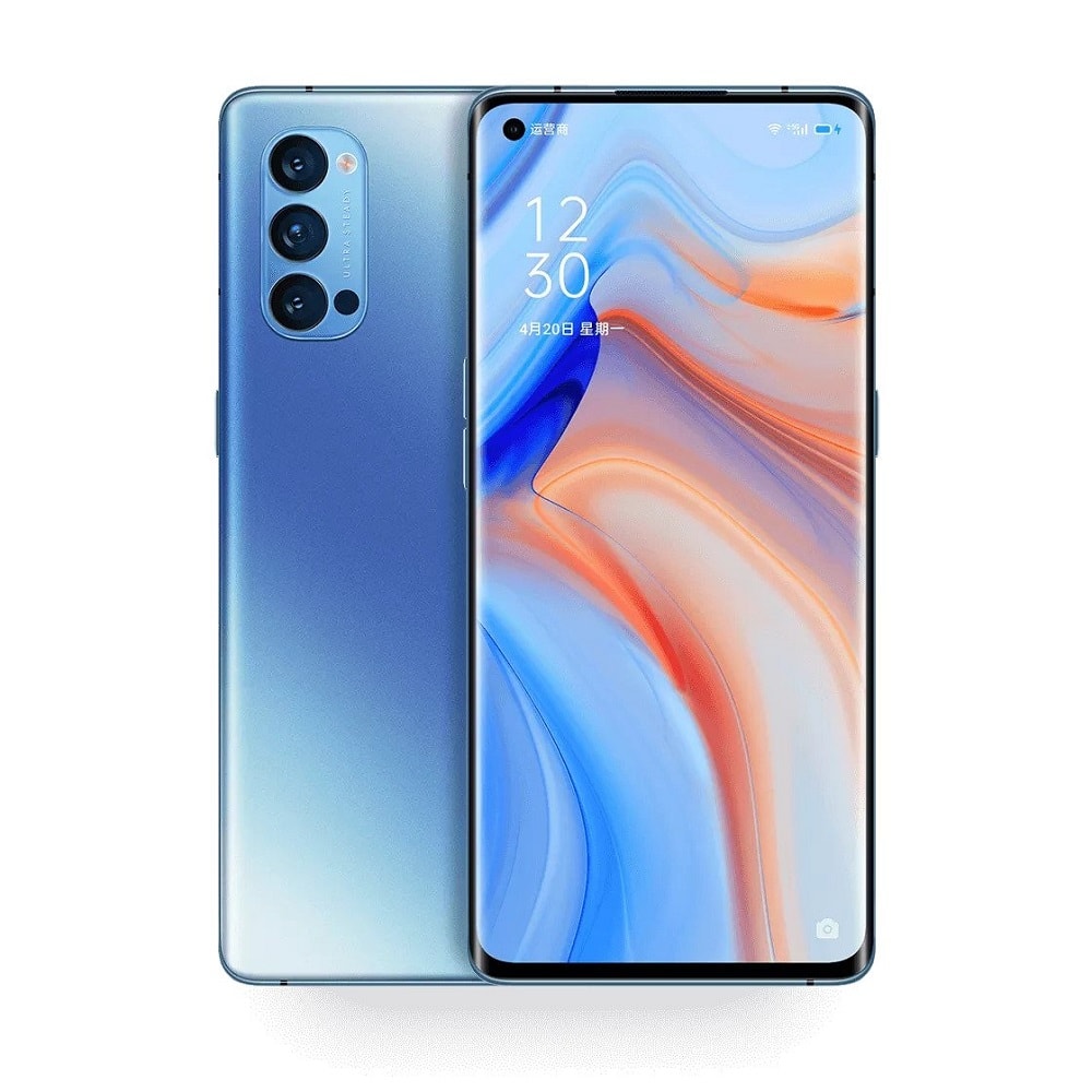 Render oficial del diseño frontal y dorsal del OPPO Reno4 Pro.