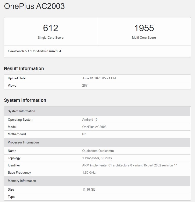 Captura de pantalla del OnePlus Z en la plataforma de Geekbench.