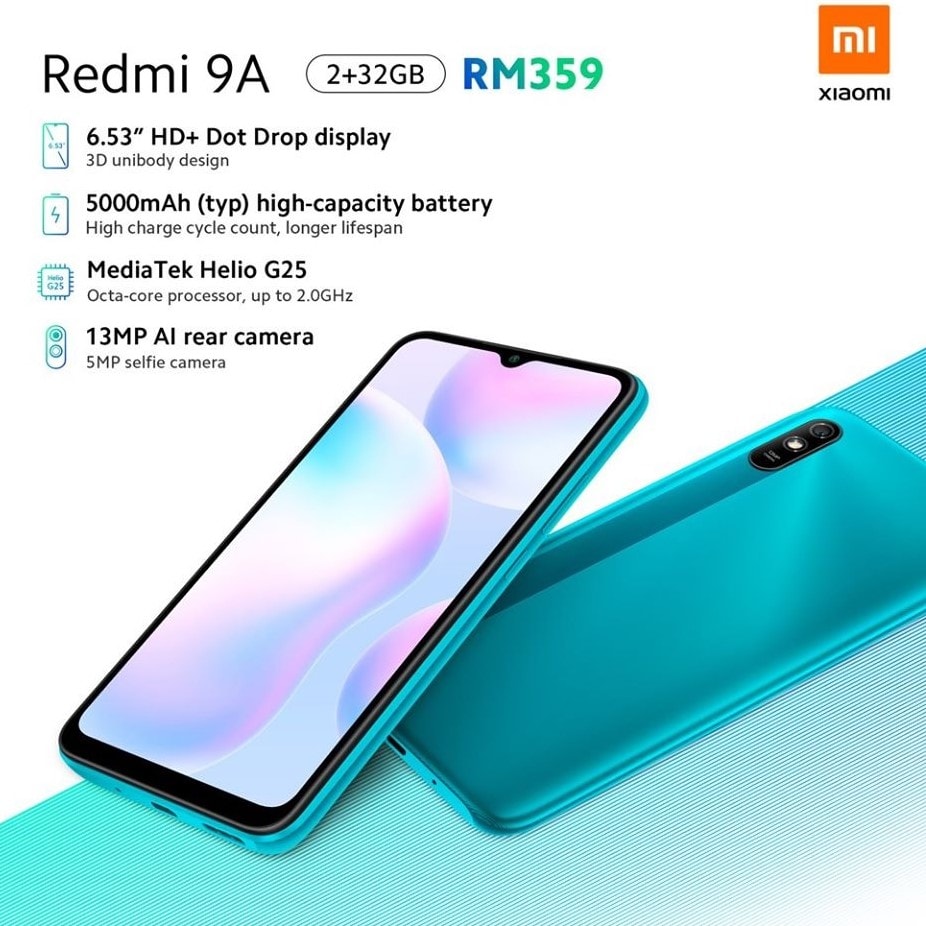 Infografía oficial del diseño frontal y dorsal del Xiaomi Redmi 9A.