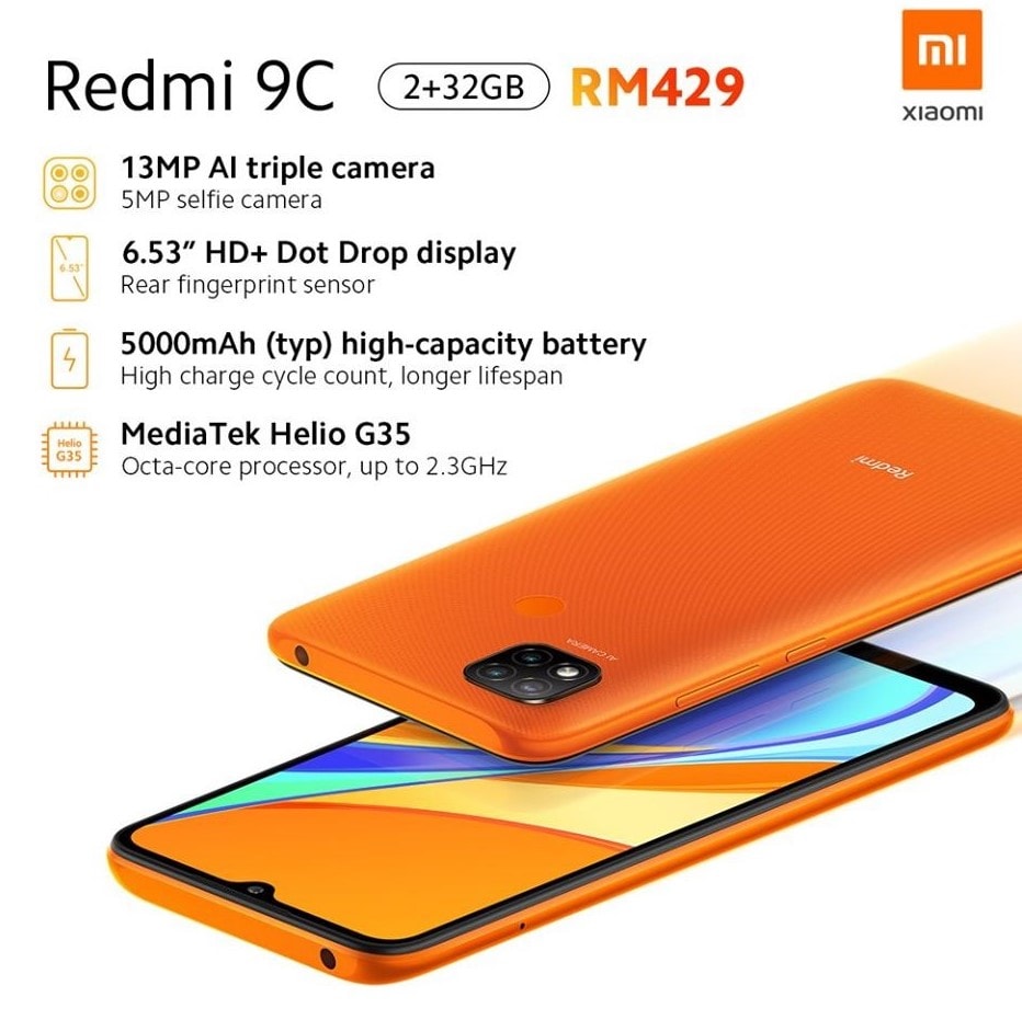 Infografía oficial del diseño frontal y dorsal del Xiaomi Redmi 9C.
