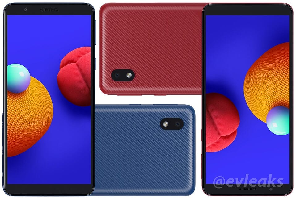 Render filtrado del diseño frontal y dorsal del Samsung Galaxy A01 Core.