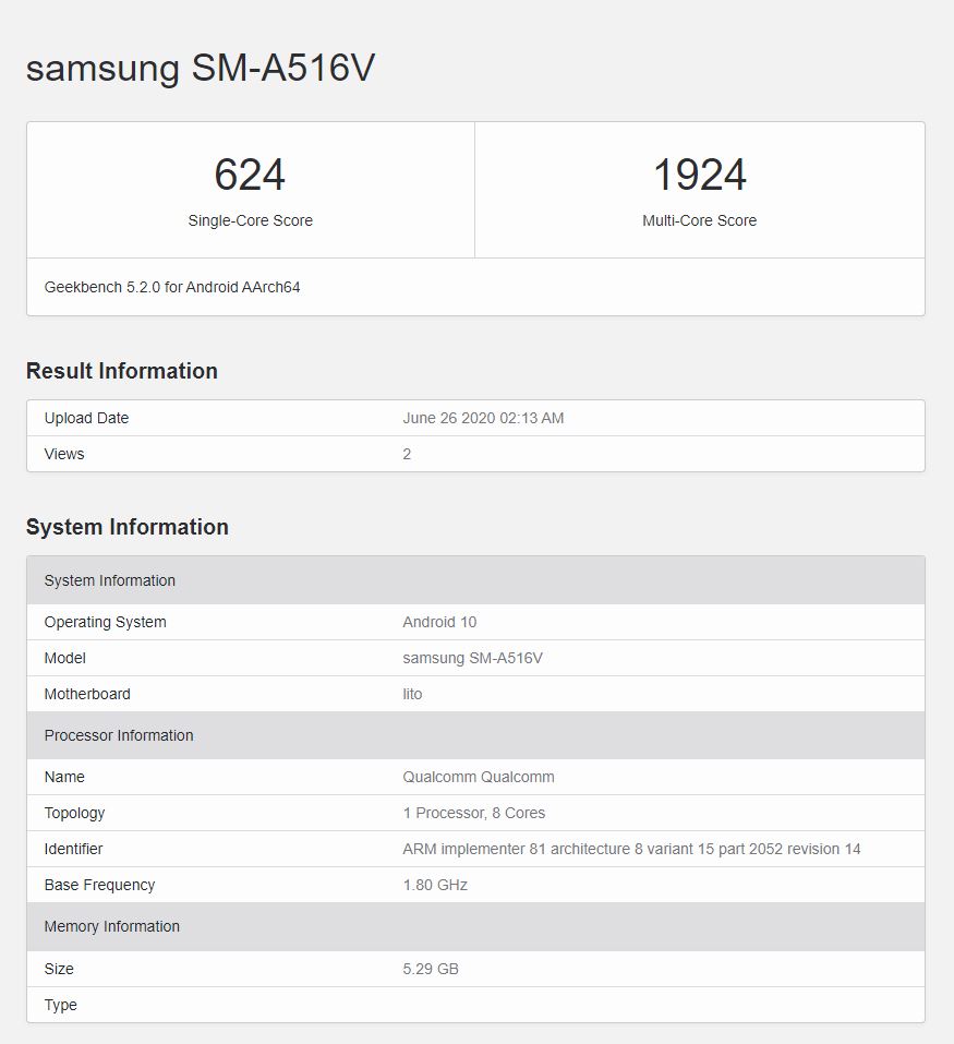 Resultados del Samsung Galaxy A51s 5G tras pasar por Geekbench.