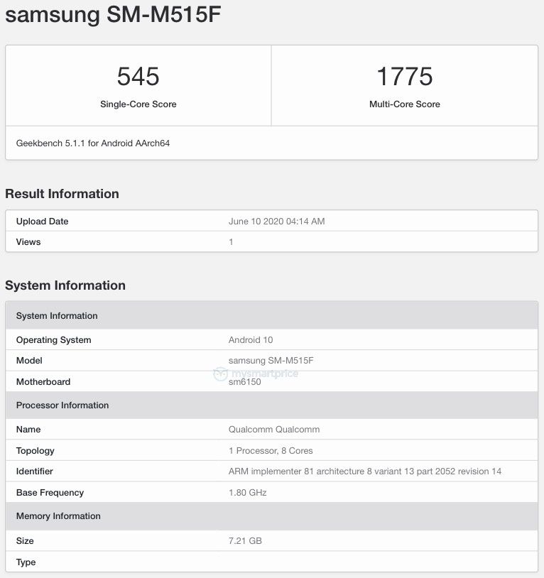 Captura de pantalla del Samsung Galaxy M51 apareciendo en Geekbench.