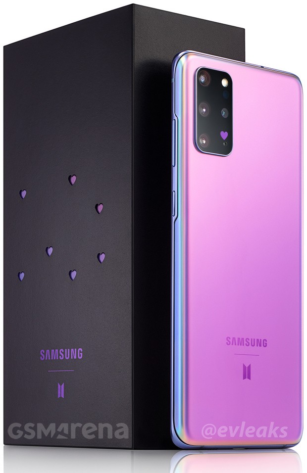 Render filtrado del Samsung Galaxy S20+ BTS Edition junto a su empaque.