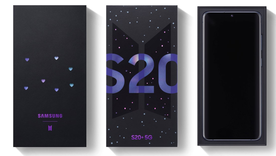 Render oficial del empaque del Samsung Galaxy S20+ 5G BTS Edition.