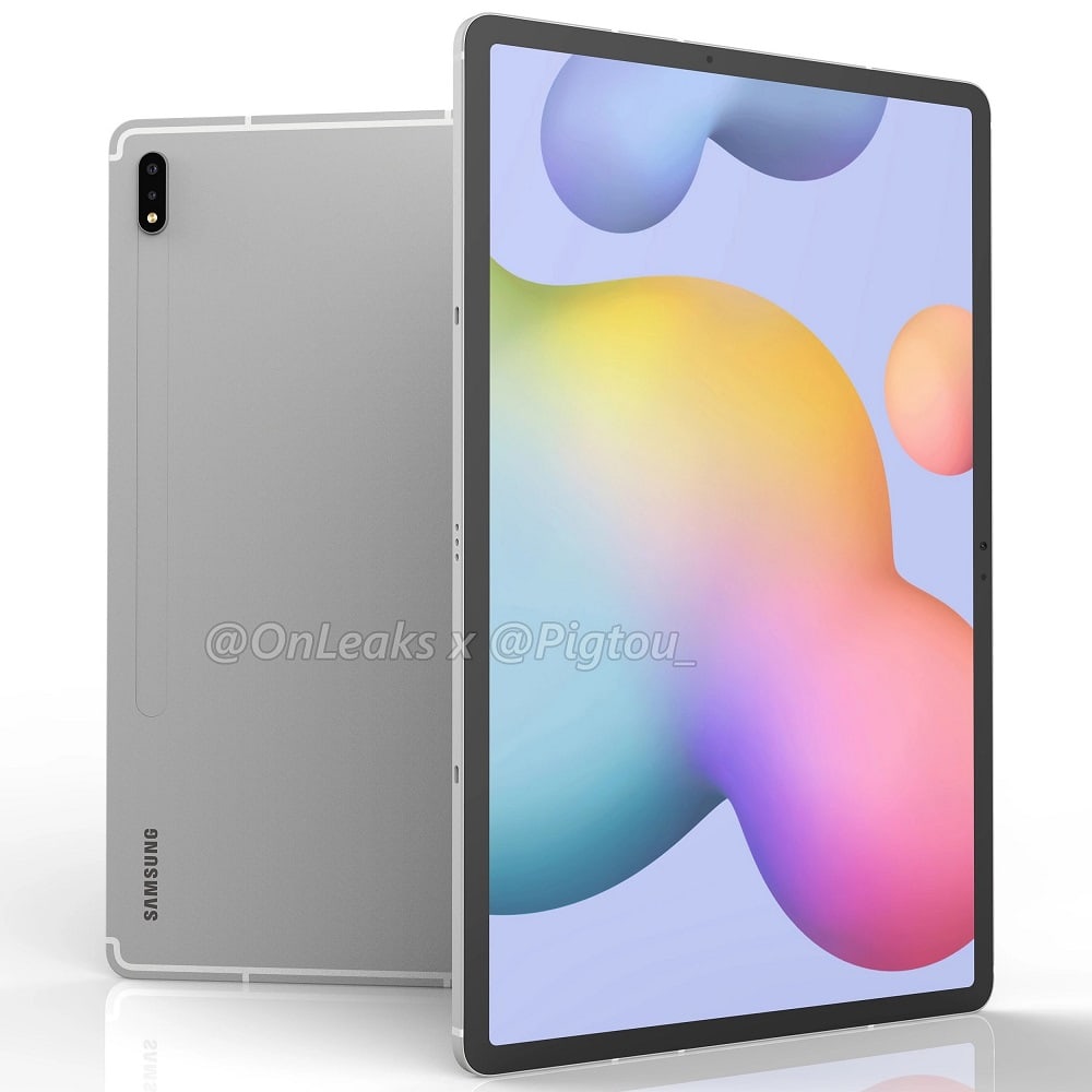 Render 3D filtrado del diseño frontal y dorsal de la Samsung Galaxy Tab S7+.