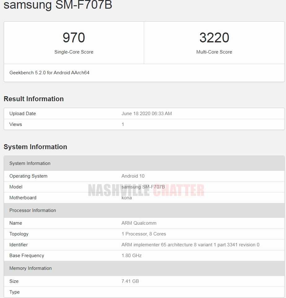 Resultados del Samsung Galaxy Z Flip 5G en el sitio Geekbench.