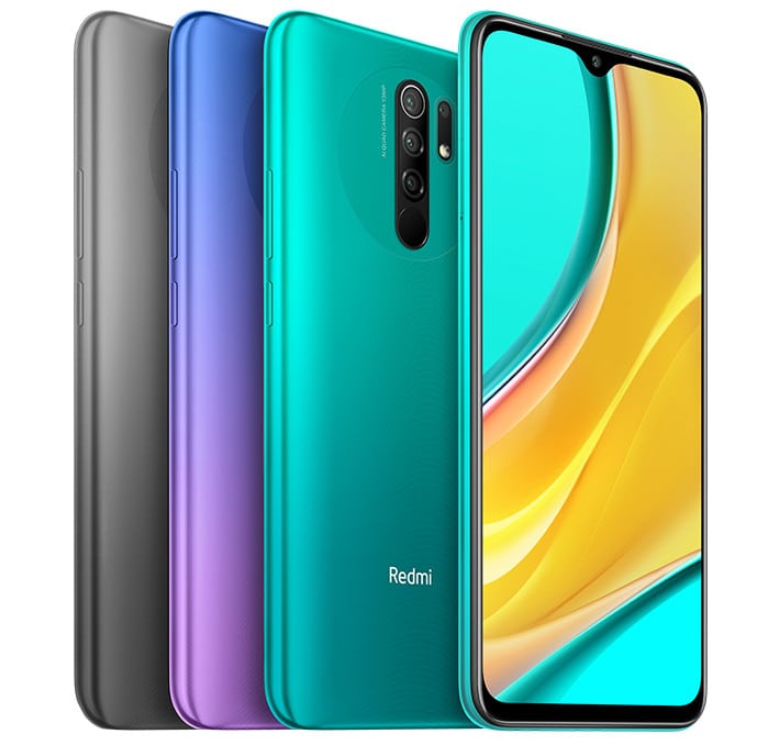 Render filtrado del Xiaomi Redmi 9 en tres colores de partida diferentes.