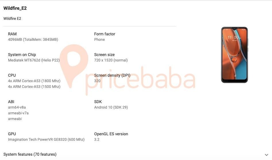 Captura de pantalla del HTC Wildfire E2 apareciendo en Google Play Console.