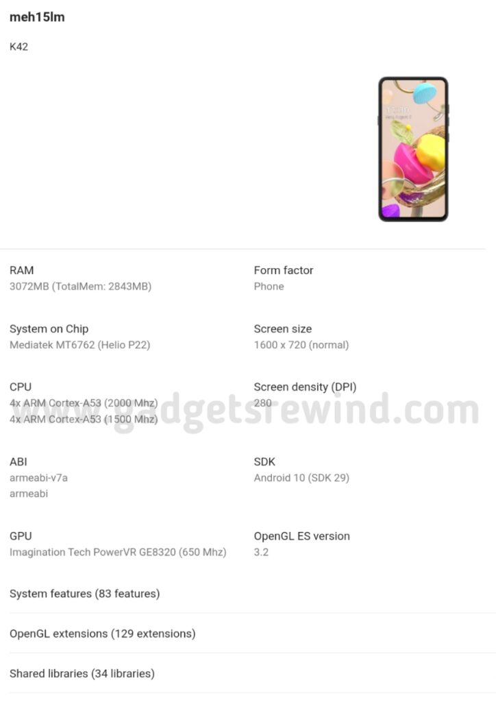 Captura de pantalla del LG K42 en la base de datos de Google Play Console.