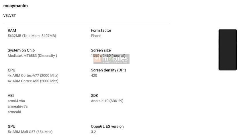 Captura de pantalla de un LG Velvet con procesador MediaTek Dimensity 800 en Google Play Console.