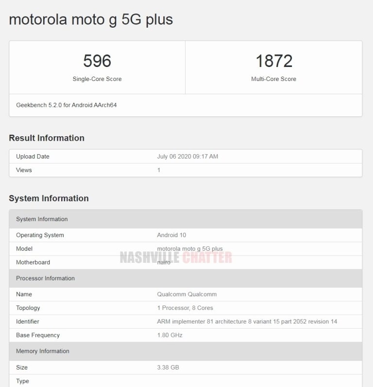 Resultados del Motorola Moto G 5G arrojados por Geekbench.