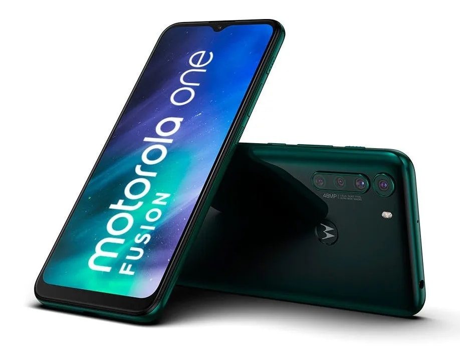 Render oficial del diseño frontal y dorsal del Motorola One Fusion.