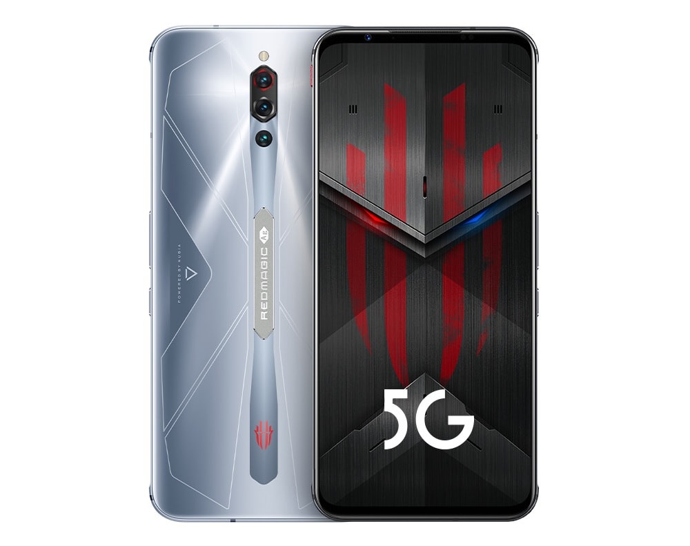 Render oficial del diseño frontal y dorsal del ZTE Nubia Red Magic 5S color Sonic Silver.