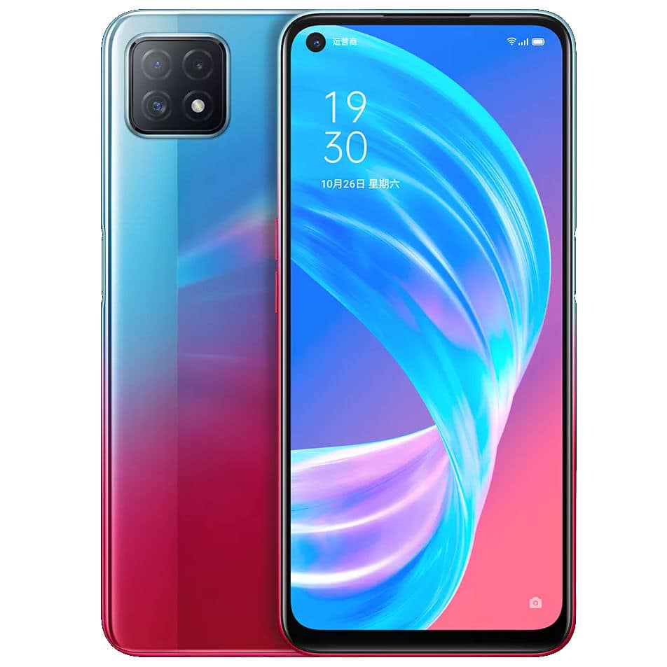Render oficial del diseño frontal y dorsal del OPPO A72 5G.
