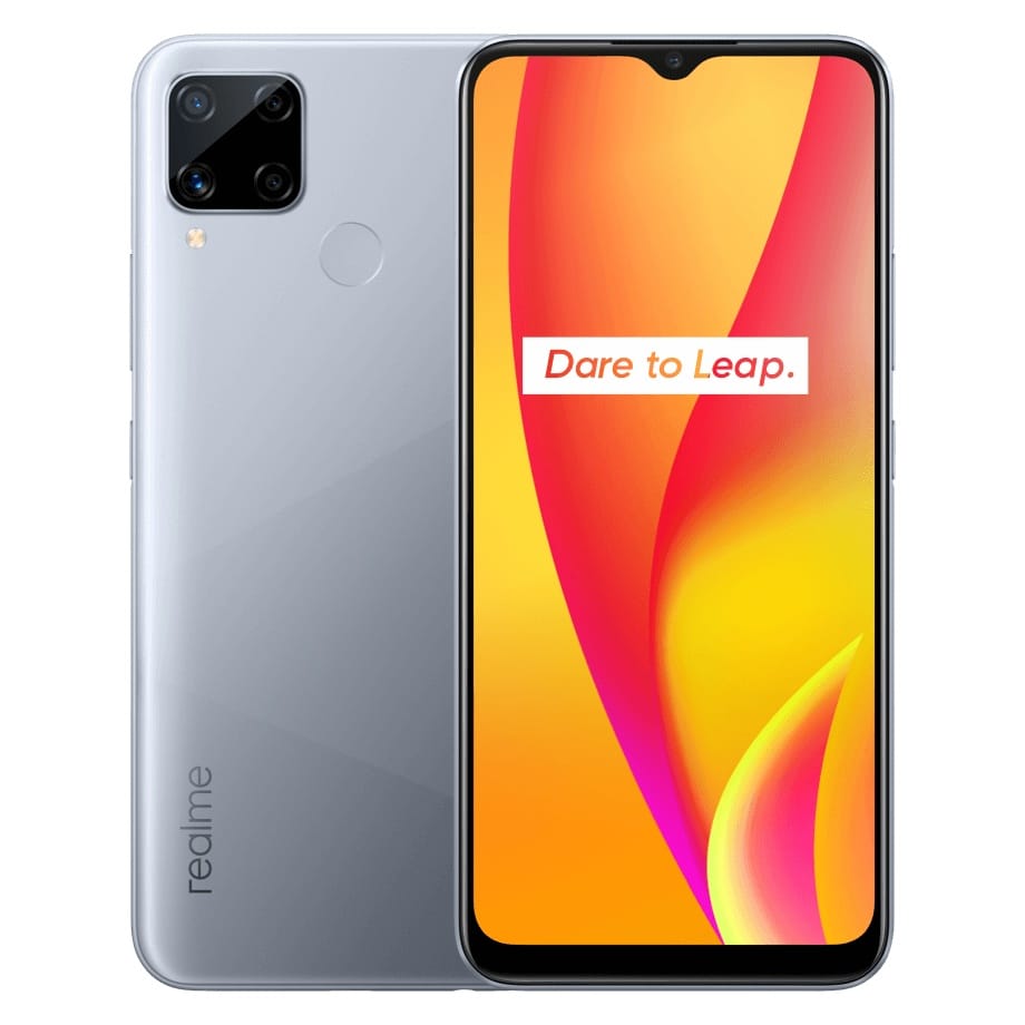 Render oficial del diseño frontal y dorsal del OPPO Realme C15 color Seagull Silver.