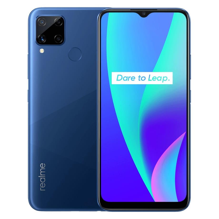 Render oficial del diseño frontal y dorsal del OPPO Realme C15 color Marine Blue.