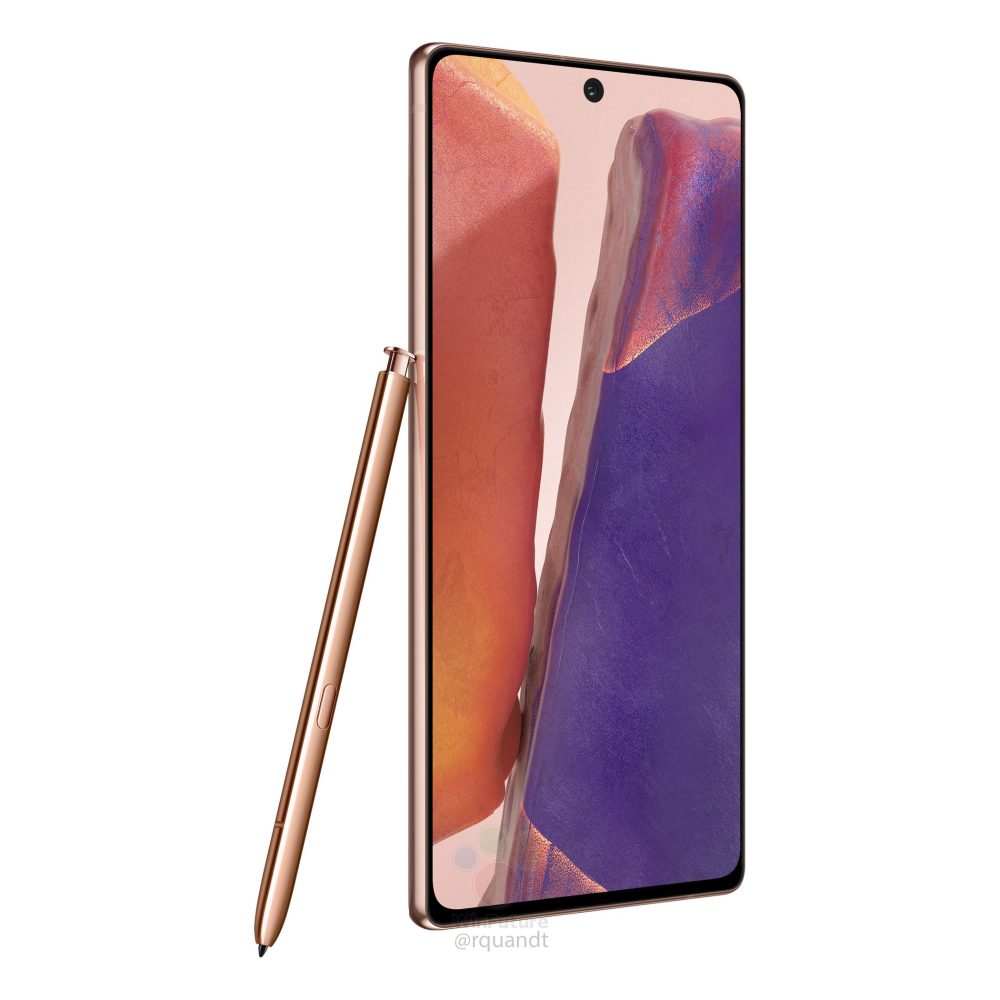 Render filtrado del diseño frontal y lateral del Samsung Galaxy Note 20.