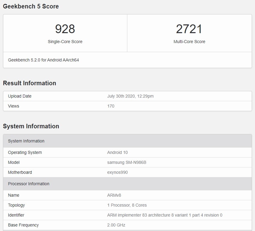 Resultados del Samsung Galaxy Note 20 Ultra en Geekbench.