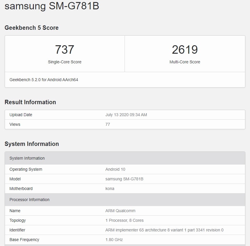 Resultados del Samsung Galaxy S20 Lite en la base de datos de Geekbench.