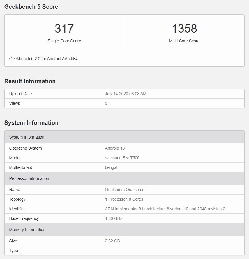 Resultados del benchmark de la Samsung Galaxy Tab A 7.0 en Geekbench.