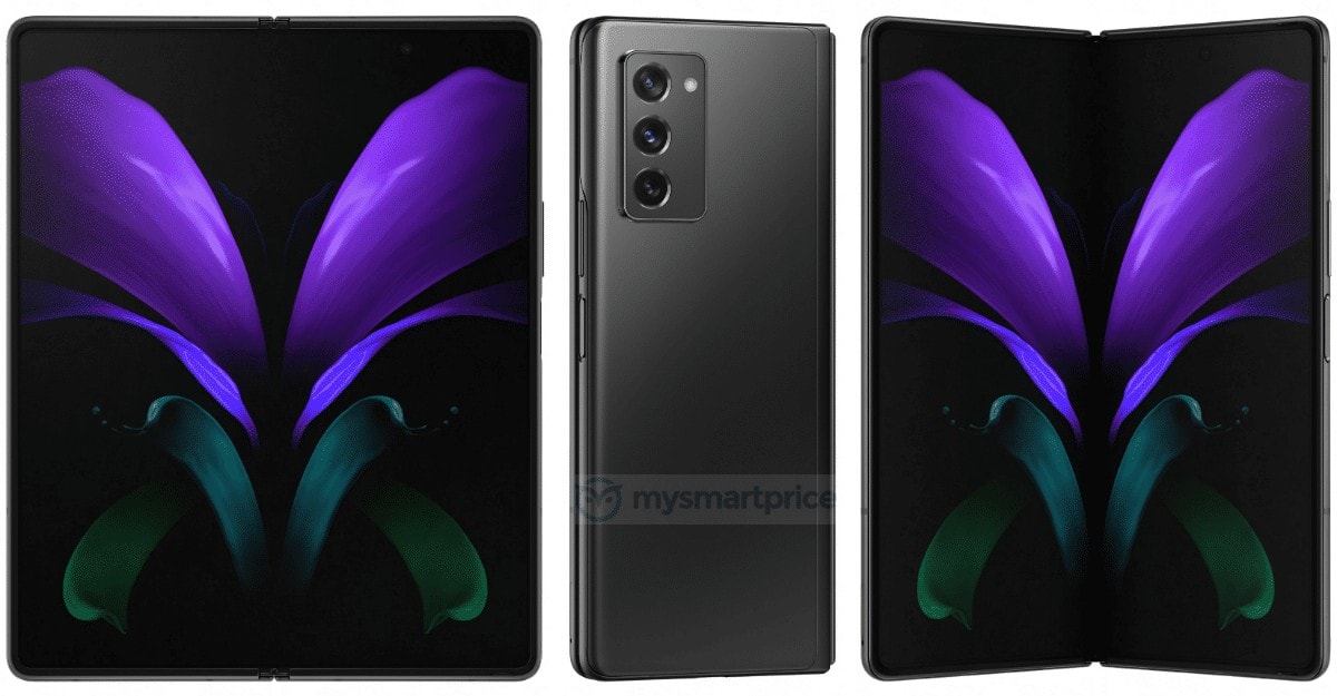 Render filtrado del diseño interno y de uno de sus dorsos del Samsung Galaxy Z Fold 2.