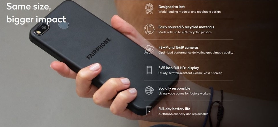 Infografía oficial de las principales características del Fairphone 3+.