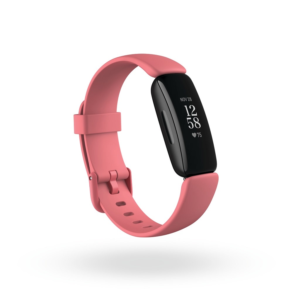 Render oficial el diseño frontalt de la Fitbit Inspire 2 con malla color rosa.