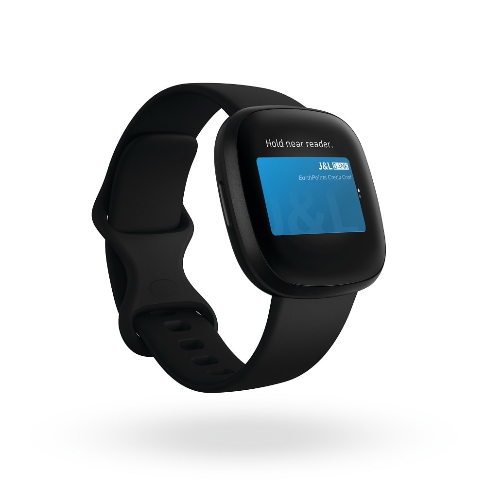 Render oficial del diseño frontal del Fitbit Versa 3 color negro.