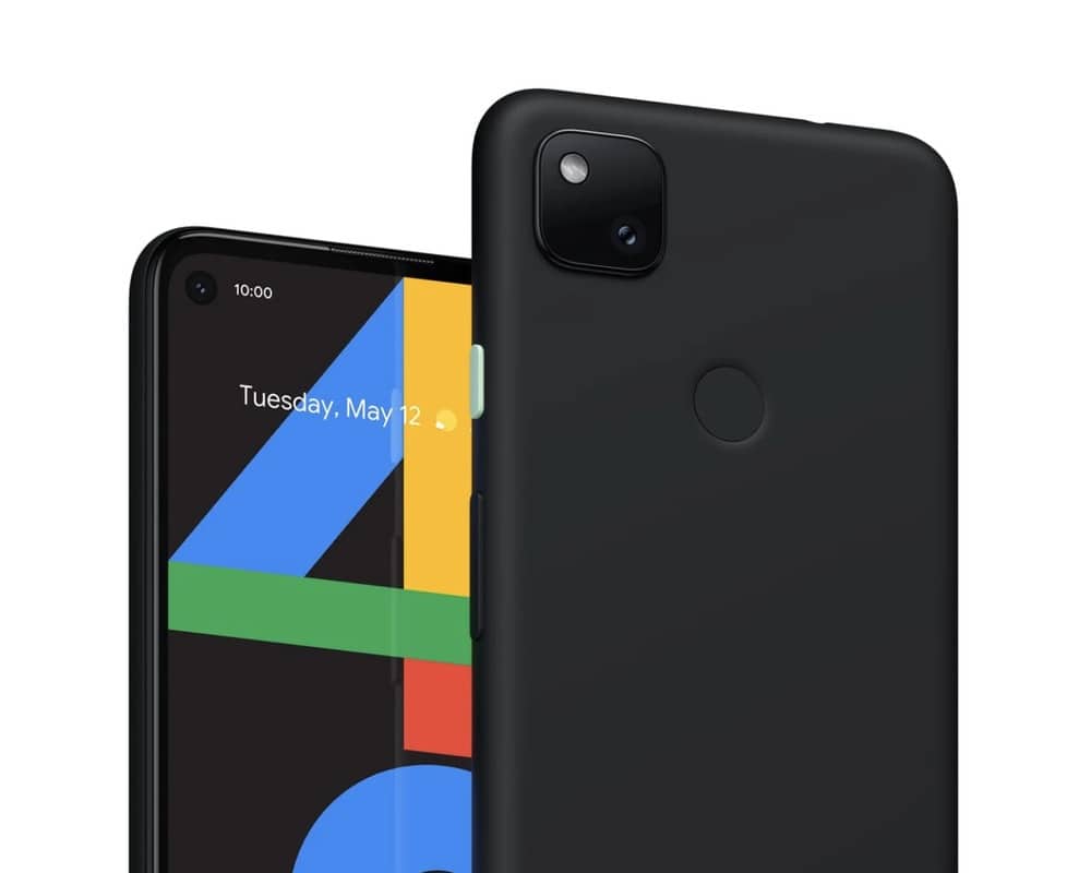 Render oficial del diseño frontal y dorsal del Google Pixel 4a.